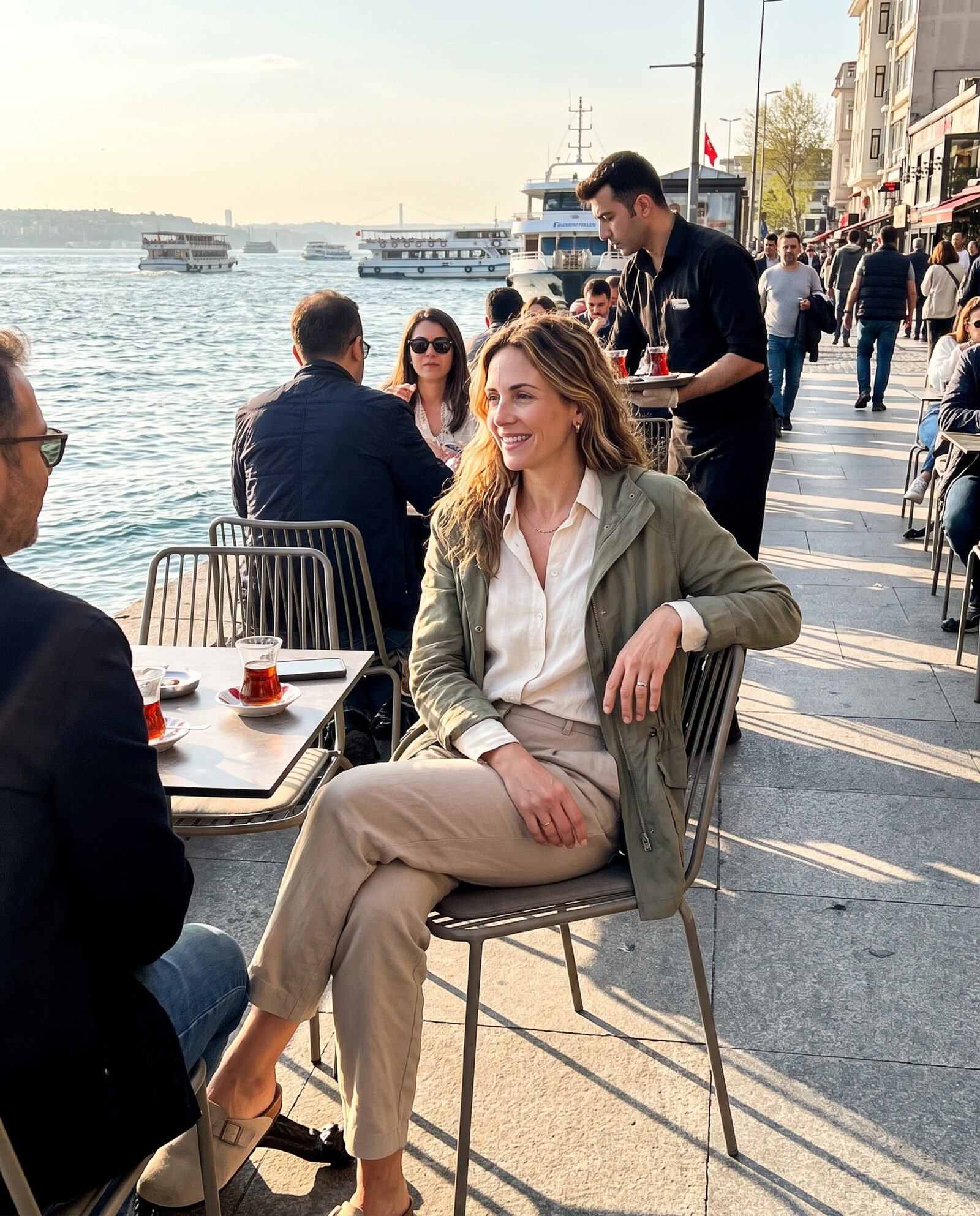 Claire Bennett relaxing at an outdoor café overlooking the Bosphorus in Istanbul, Türkiye