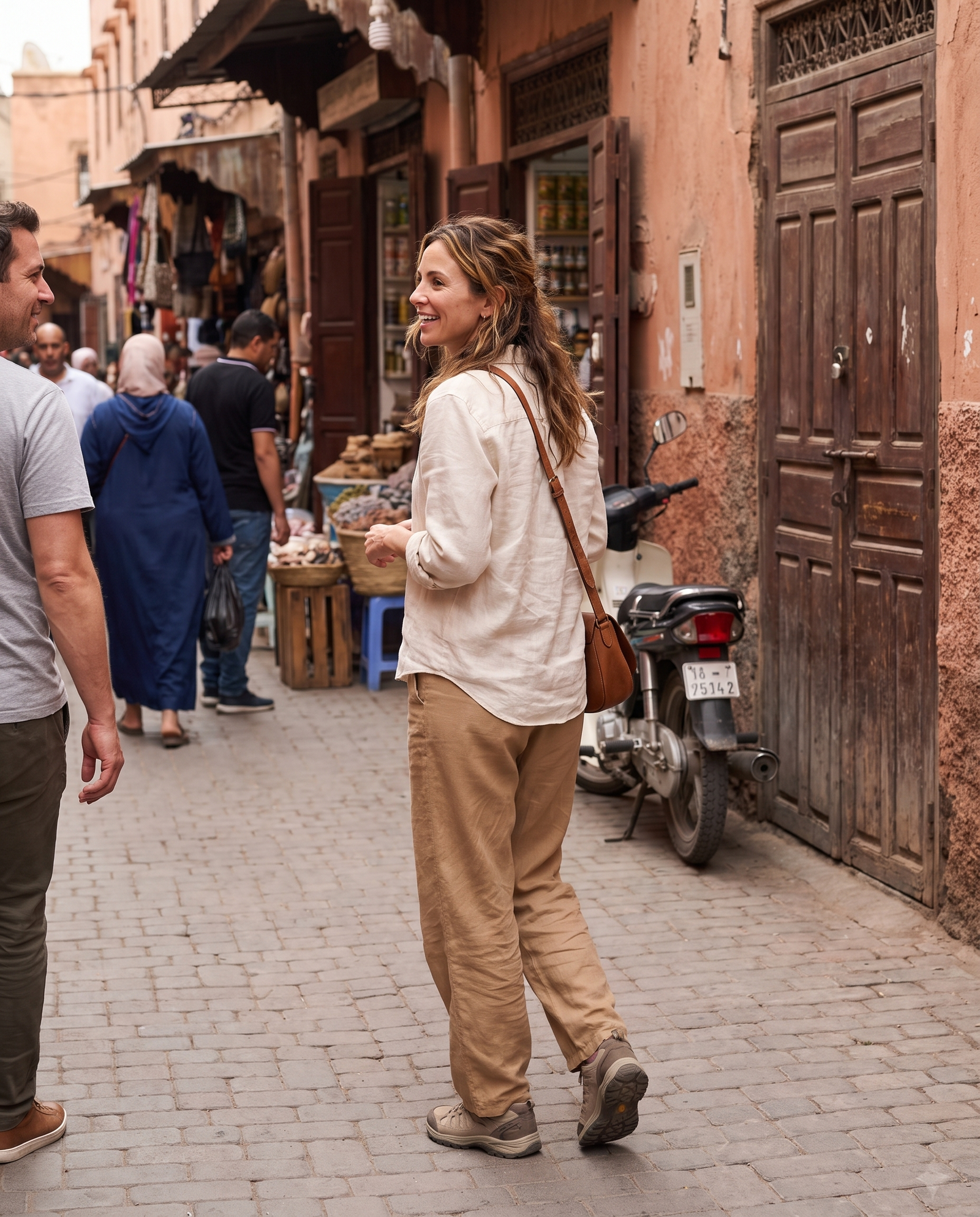 Claire Bennett talking with a travel companion in a historic neighbourhood of Marrakech, Morocco