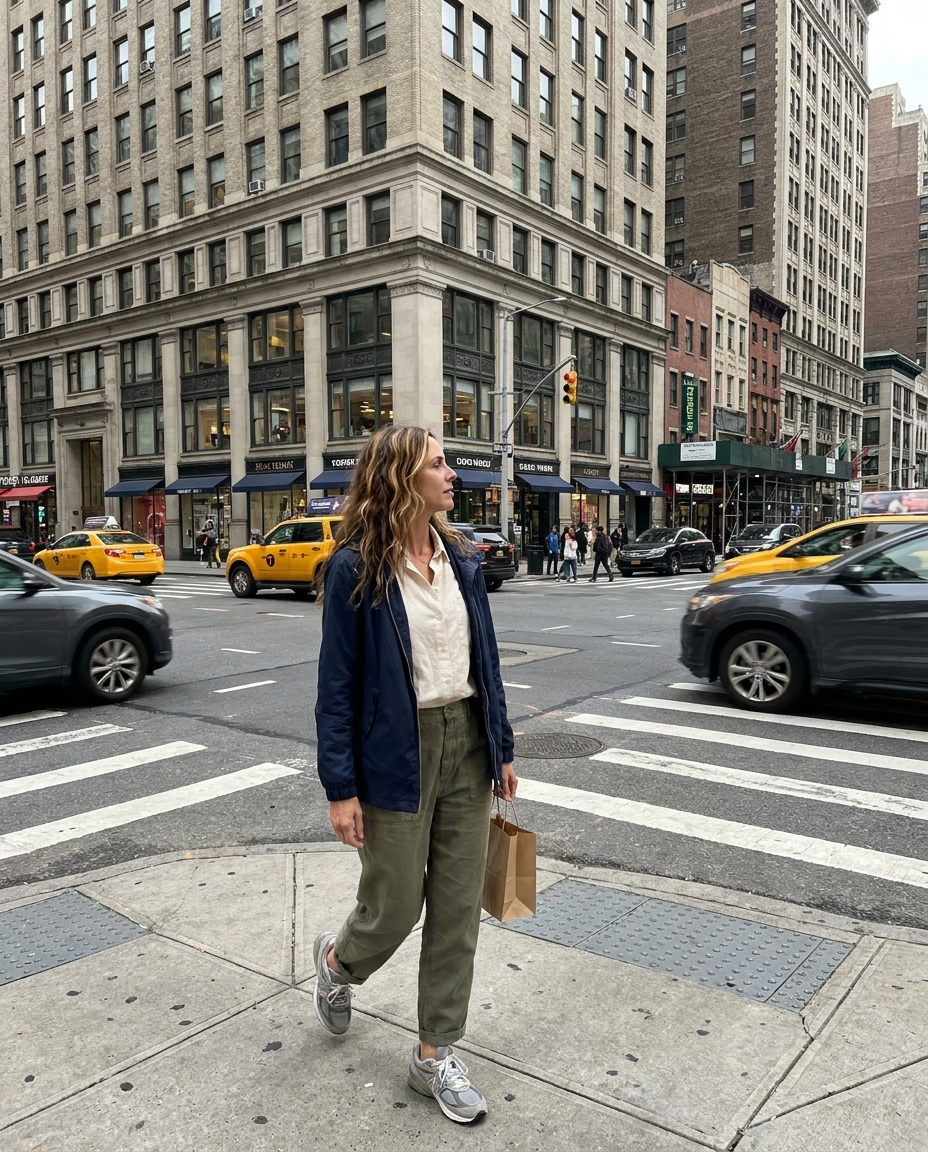 Claire Bennett crossing a busy street in New York City