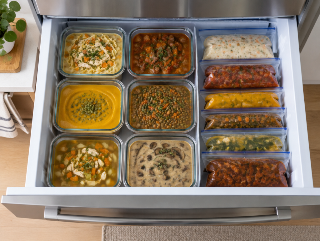 Labeled glass containers and freezer bags of soups and stews organized in a freezer