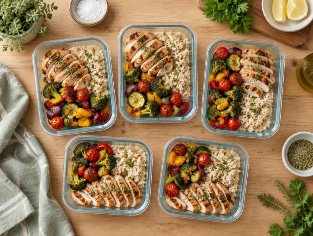 Glass meal-prep containers filled with roasted vegetables, rice and grilled chicken