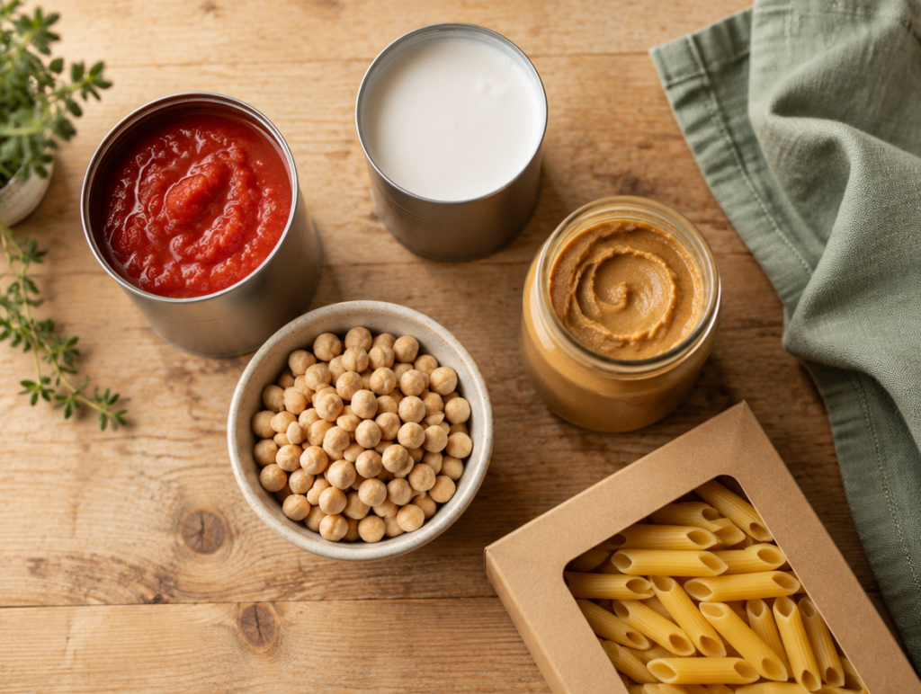 Pantry staples including canned tomatoes, coconut milk, chickpeas, peanut butter and pasta arranged on a kitchen counter