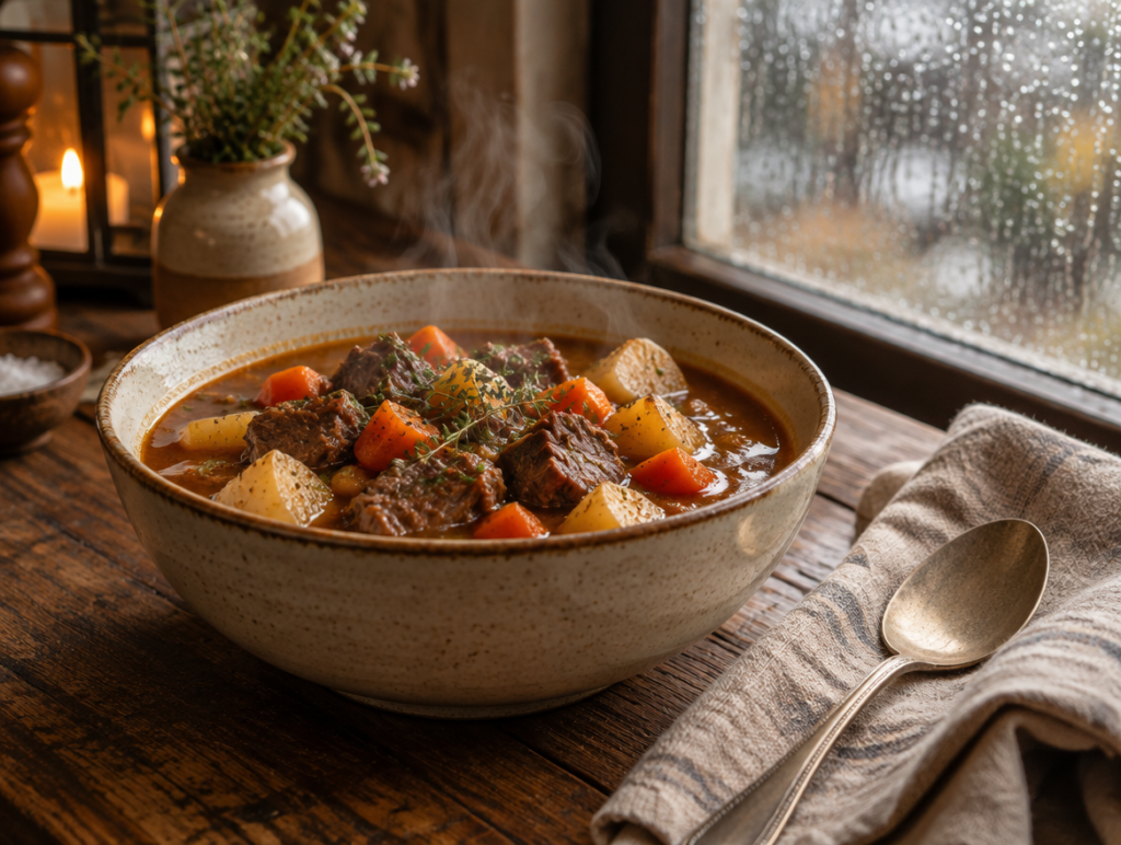 A steaming bowl of stew on a table beside a rainy window