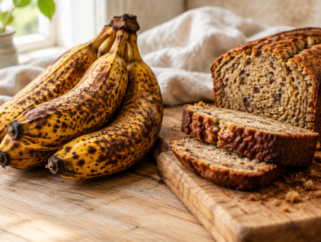 A bunch of very ripe spotted bananas next to a loaf of banana bread