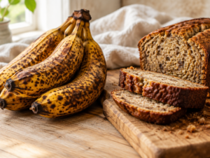 A bunch of very ripe spotted bananas next to a loaf of banana bread