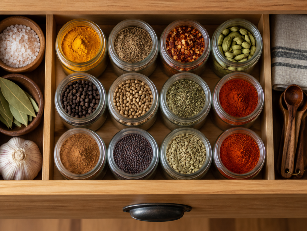 An organized kitchen drawer with small glass jars of spices
