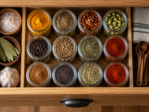 An organized kitchen drawer with small glass jars of spices