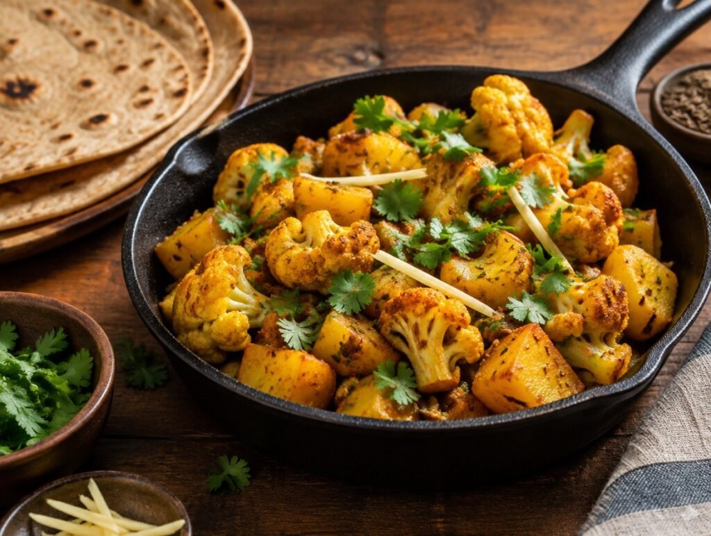 Pan of aloo gobi with golden spiced potatoes and cauliflower, cilantro and chapati
