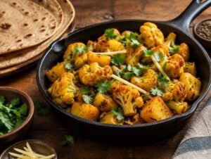 Pan of aloo gobi with golden spiced potatoes and cauliflower, cilantro and chapati