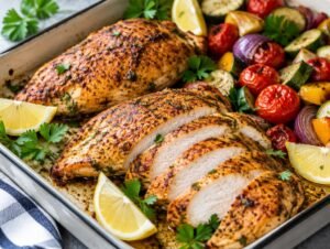 Juicy oven-baked chicken breasts with golden paprika crust, one sliced, with lemon