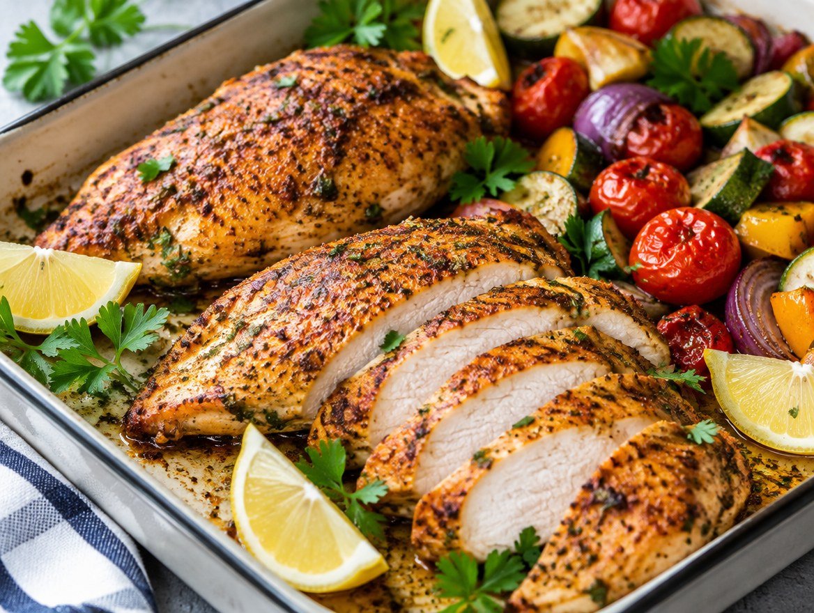 Juicy oven-baked chicken breasts with golden paprika crust, one sliced, with lemon