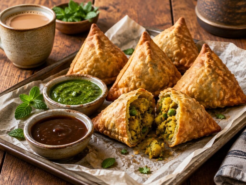 Golden baked samosas with spiced potato and pea filling, mint and tamarind chutney