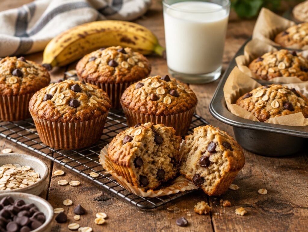 Banana oat protein muffins on a cooling rack, one broken open showing a moist crumb with chocolate chips