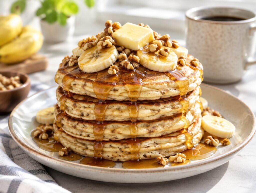 Stack of fluffy banana pancakes topped with sliced banana, maple syrup and walnuts