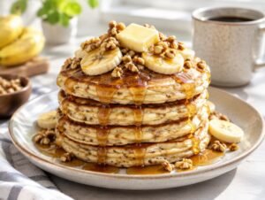 Stack of fluffy banana pancakes topped with sliced banana, maple syrup and walnuts