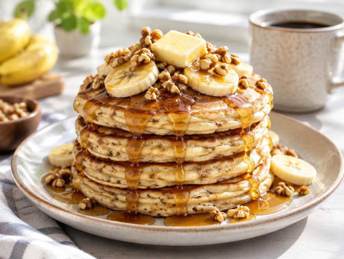 Stack of fluffy banana pancakes topped with sliced banana, maple syrup and walnuts