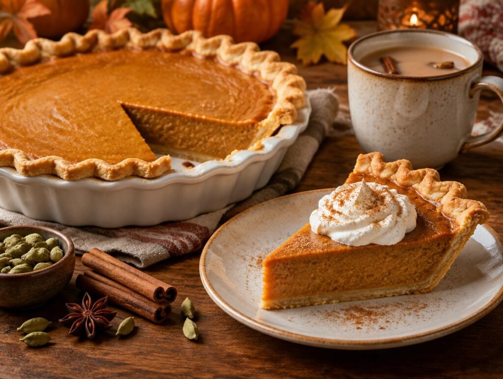 Chai-spiced pumpkin pie with one slice served with whipped cream, cinnamon sticks and cardamom