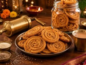 Crisp golden spiral chakli snacks in a jar with a chakli press and chai