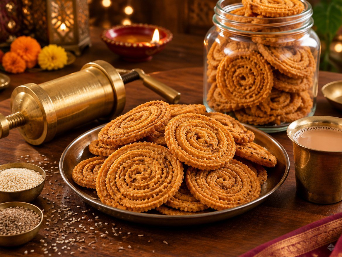 Crisp golden spiral chakli snacks in a jar with a chakli press and chai