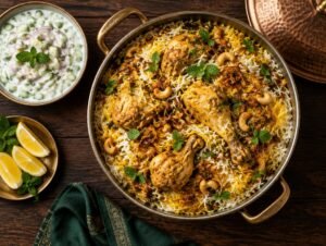 Pot of chicken biryani with saffron rice, fried onions, mint and a bowl of raita
