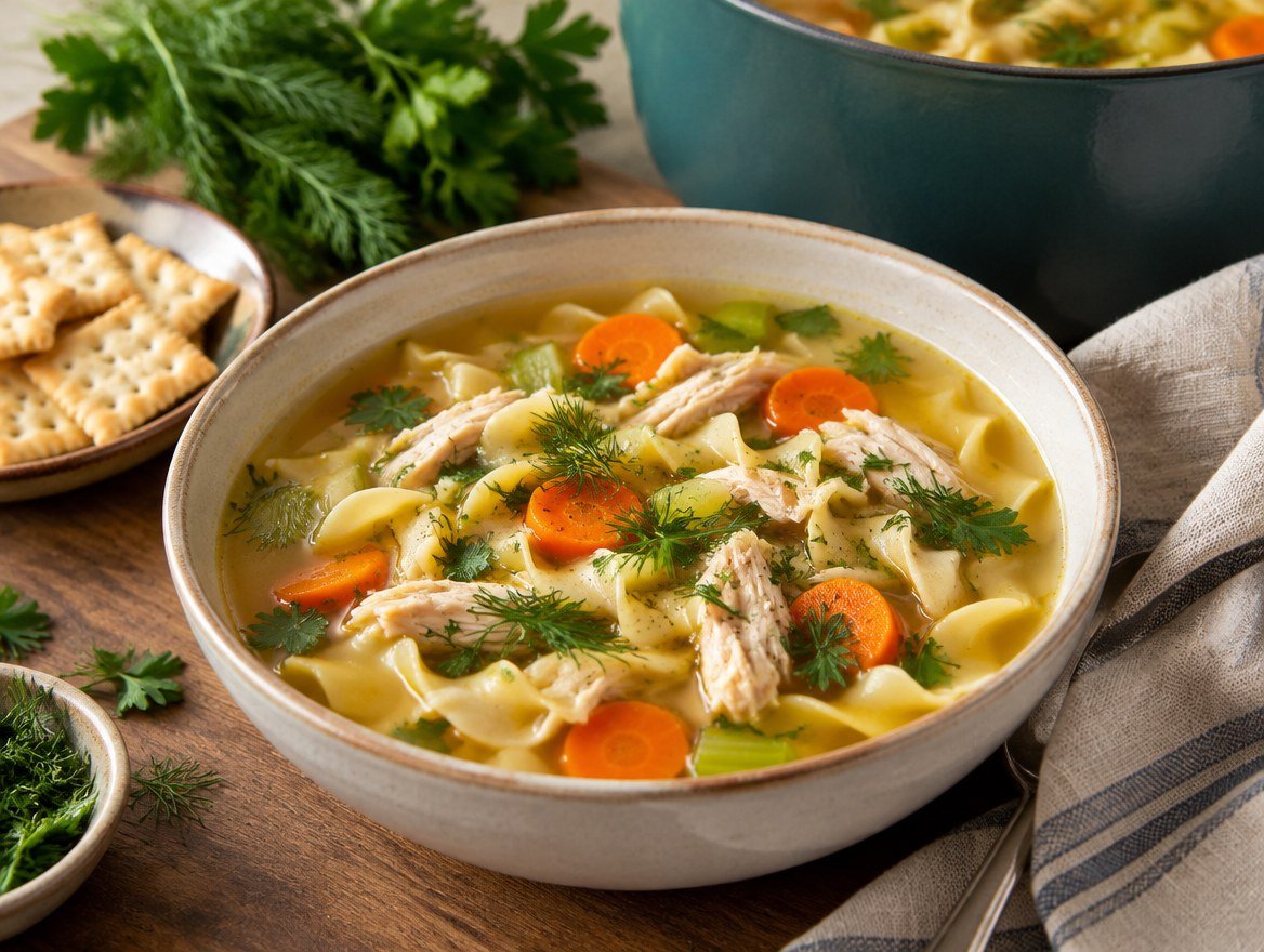 Bowl of homemade chicken noodle soup with egg noodles, carrots, celery and fresh herbs
