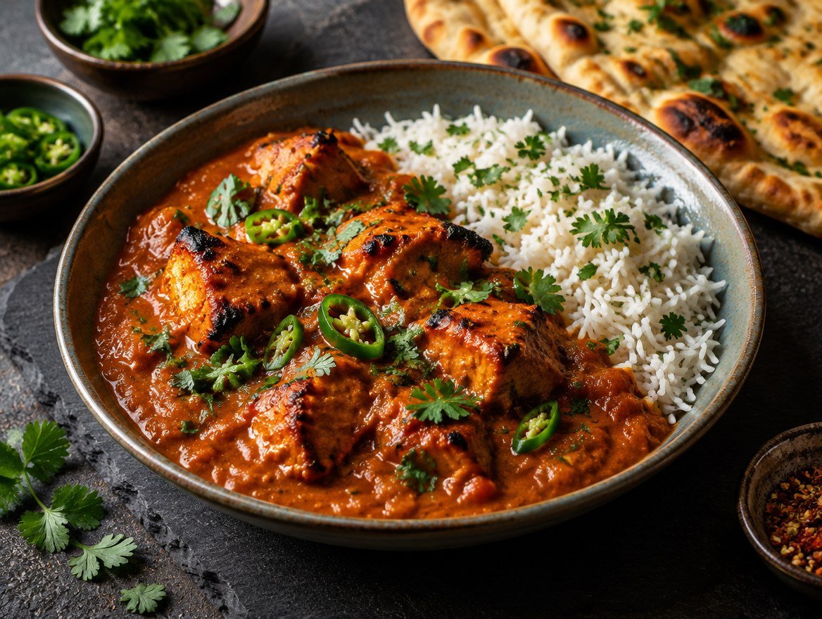 Chicken tikka masala with charred chicken in a spiced tomato cream sauce with rice and naan