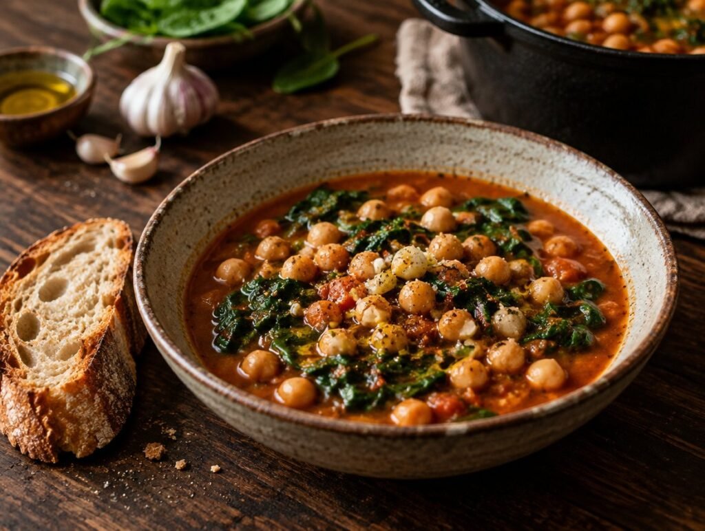 Bowl of chickpea and spinach stew in a garlicky tomato broth with crusty bread