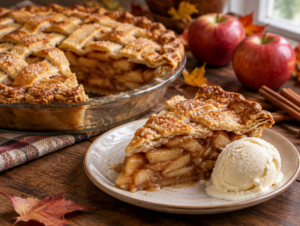 Homemade apple pie with a golden lattice crust, one slice cut out showing cinnamon apple filling, served with vanilla ice cream