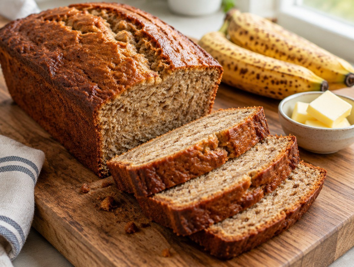 Loaf of classic banana bread with crackled top and sliced pieces beside ripe bananas