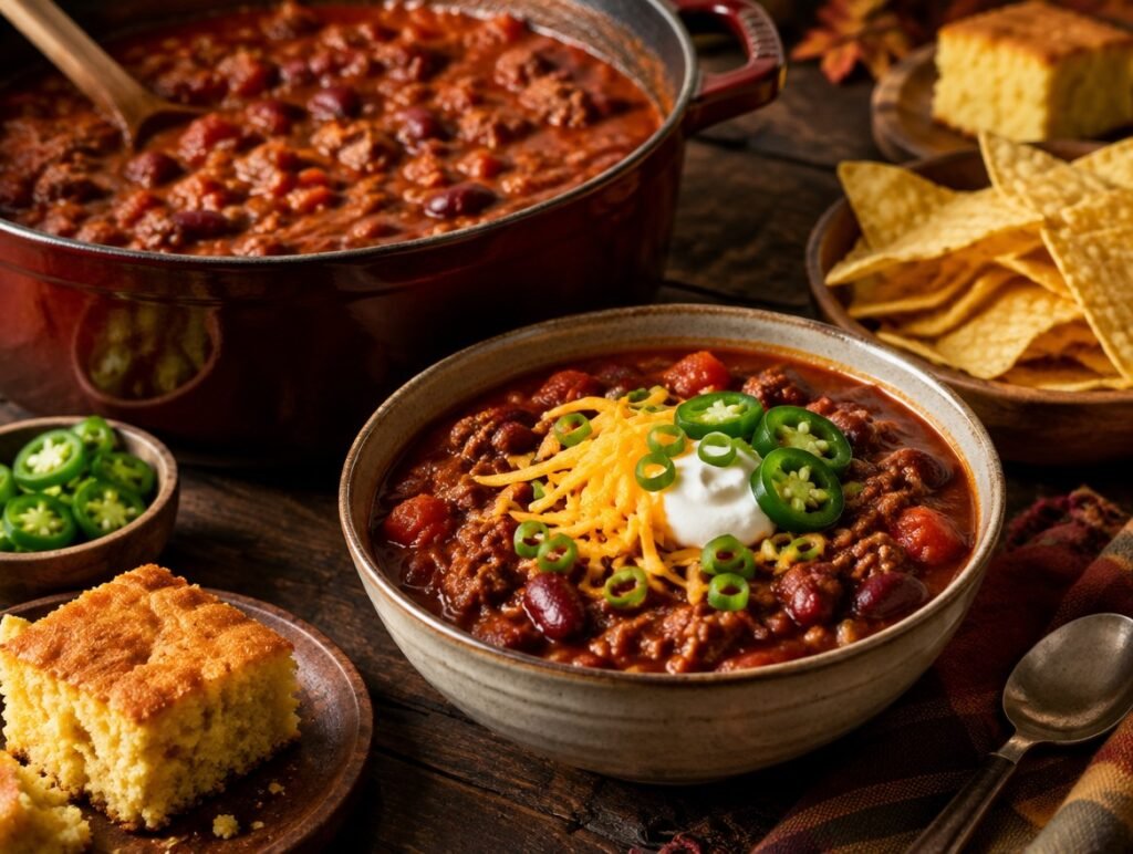 Bowl of classic beef chili with beans, cheddar, sour cream and green onions, with cornbread