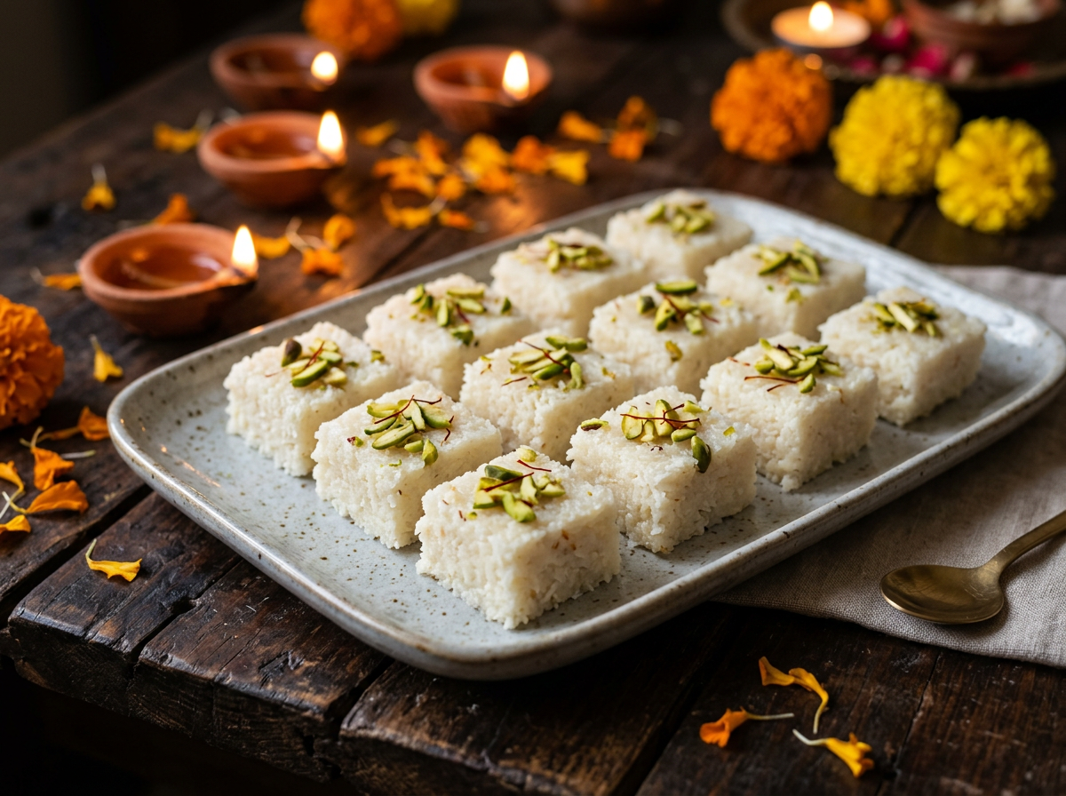 Coconut barfi squares topped with pistachio