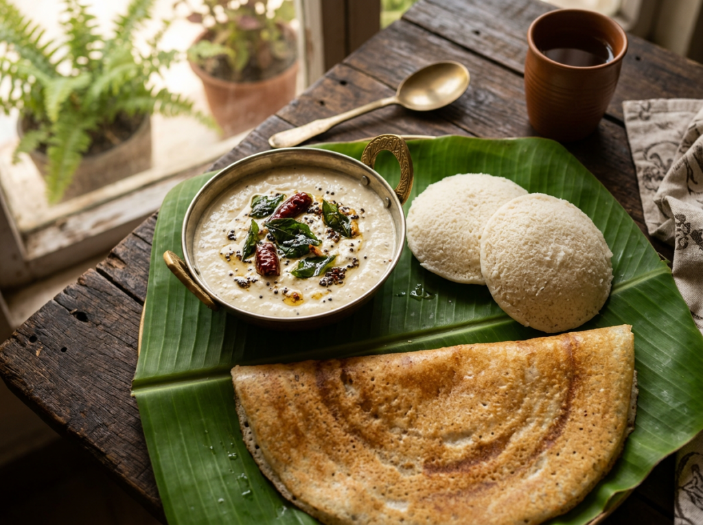 Coconut chutney with mustard seed and curry leaf tempering, served with idli and dosa