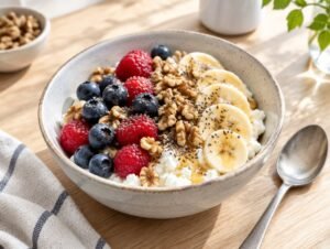Cottage cheese breakfast bowl topped with berries, banana, honey, walnuts and chia seeds