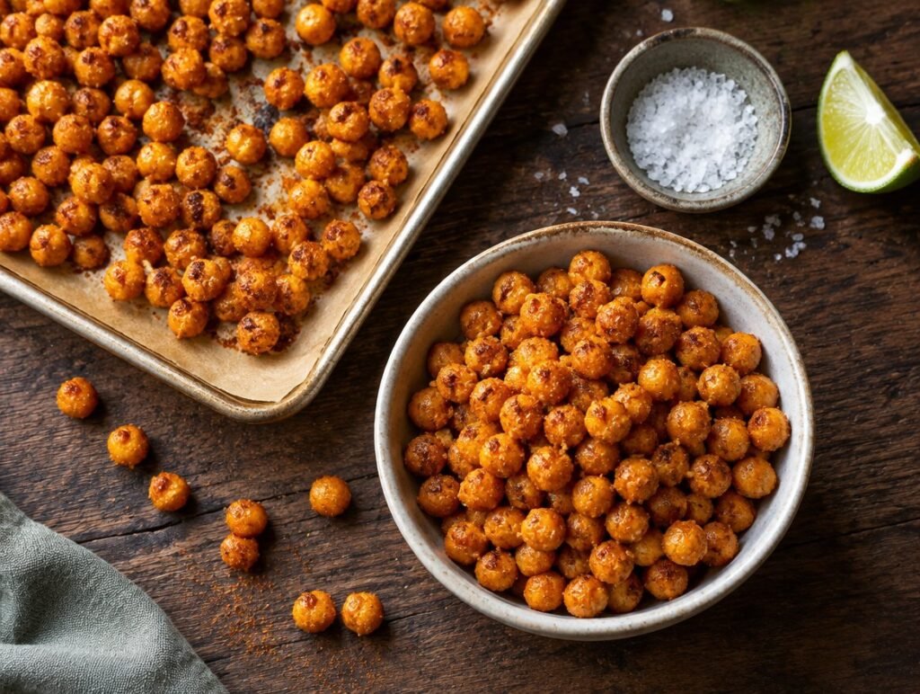 Crispy golden roasted chickpeas with smoked paprika on a baking tray and in a bowl
