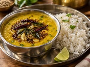 Bowl of yellow dal tadka topped with sizzling cumin, garlic and dried chilli tempering, with rice