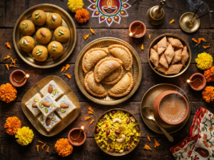 Diwali faral spread with ladoo, barfi, gujiya, shakarpara and chivda