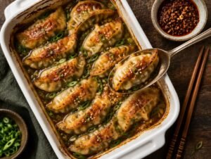 Baking dish of dumpling bake with golden potstickers in a soy garlic broth, green onions and sesame seeds