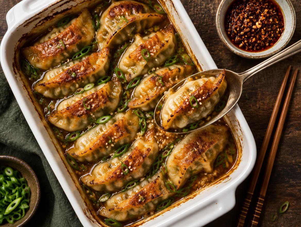 Baking dish of dumpling bake with golden potstickers in a soy garlic broth, green onions and sesame seeds