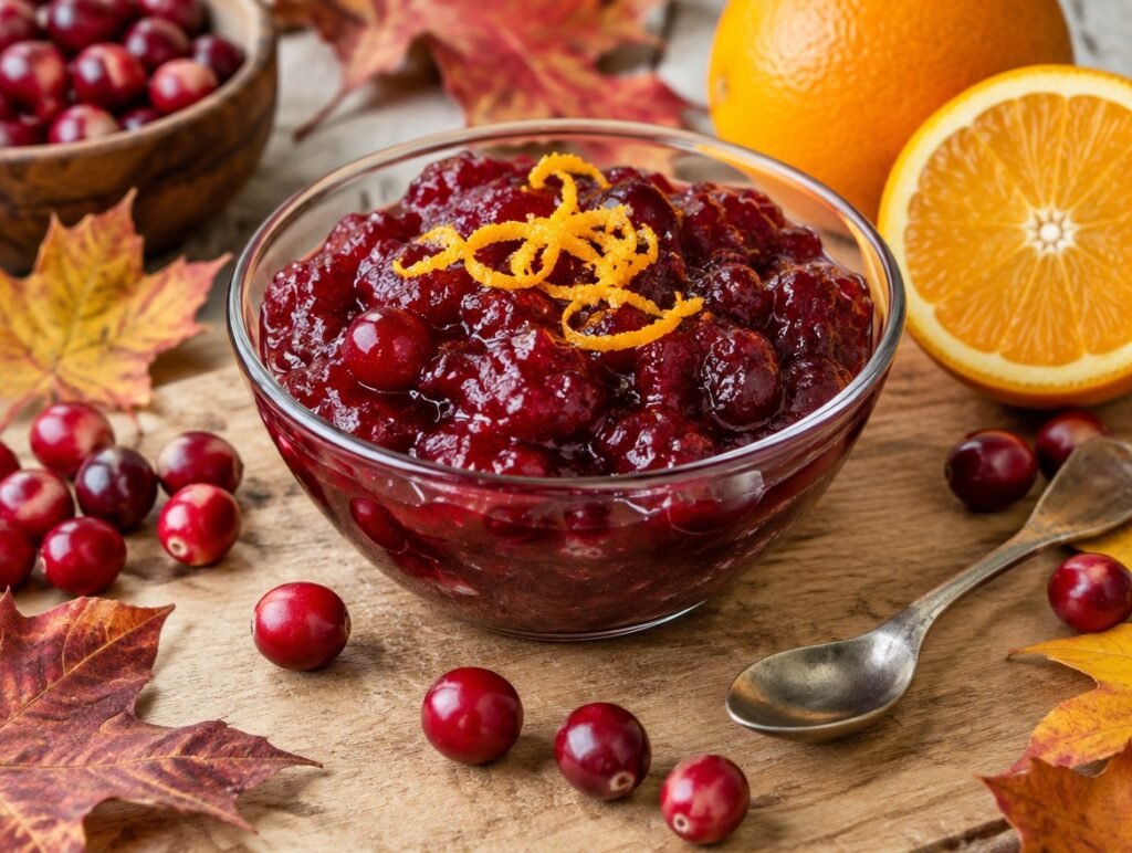 Bowl of glossy homemade cranberry sauce with orange zest, fresh cranberries and orange