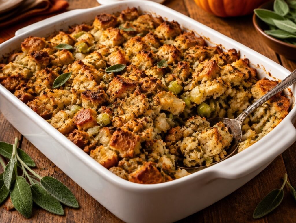 Baking dish of homemade bread stuffing with crispy golden top, celery and fresh sage