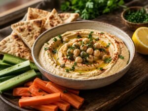Smooth homemade hummus with olive oil, paprika and whole chickpeas, served with pita, cucumber and carrot sticks