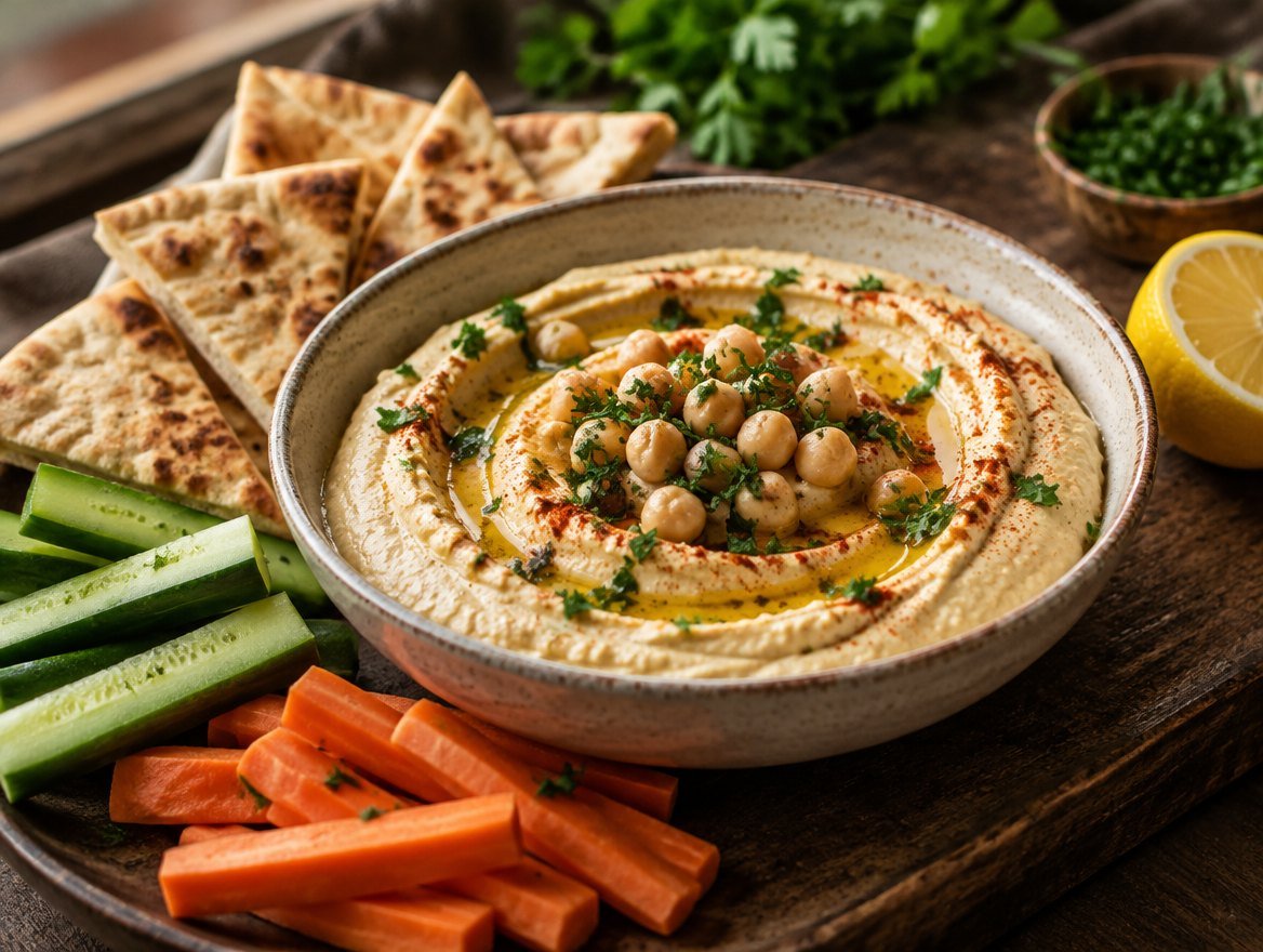 Smooth homemade hummus with olive oil, paprika and whole chickpeas, served with pita, cucumber and carrot sticks