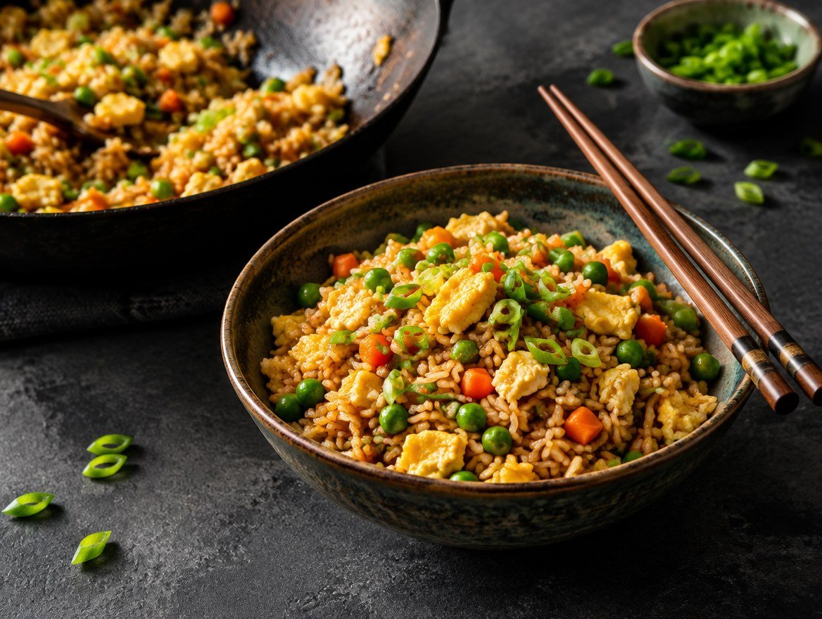 Bowl of egg fried rice with scrambled egg, peas, carrots and green onions