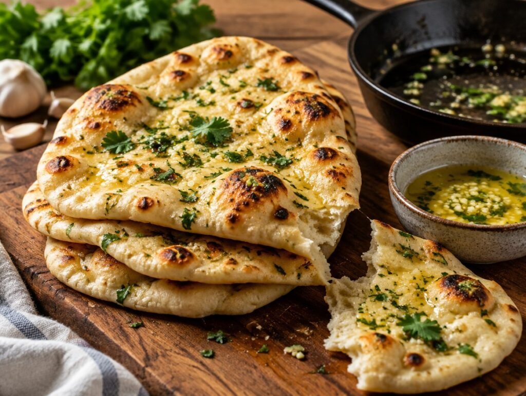 Stack of homemade garlic naan cooked in a cast iron skillet, brushed with garlic butter