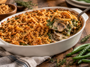Green bean casserole in a white baking dish with creamy mushroom sauce and crispy fried onions on top