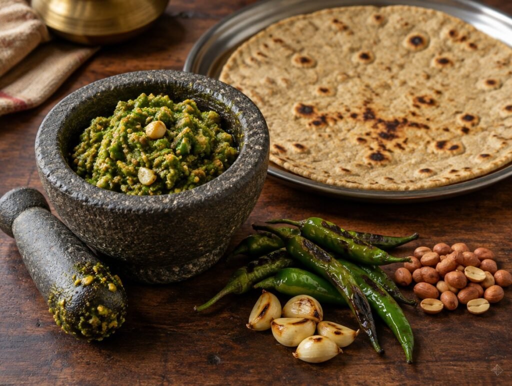 Coarse Maharashtrian green chilli thecha in a stone mortar with roasted chillies, garlic and bhakri