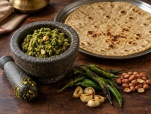 Coarse Maharashtrian green chilli thecha in a stone mortar with roasted chillies, garlic and bhakri