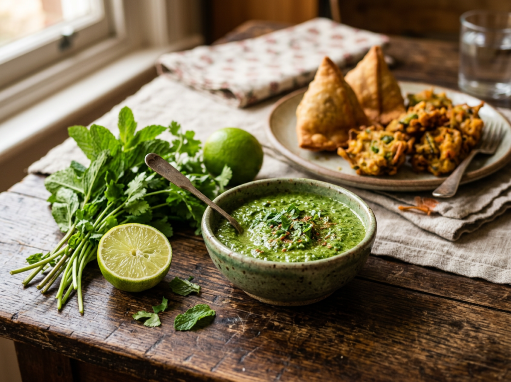 Bright green mint and coriander chutney with samosas and pakoras