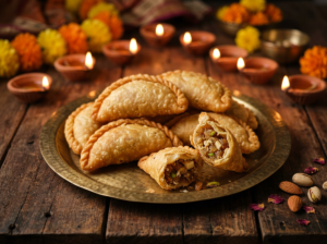 Gujiya with one cut open to show the filling