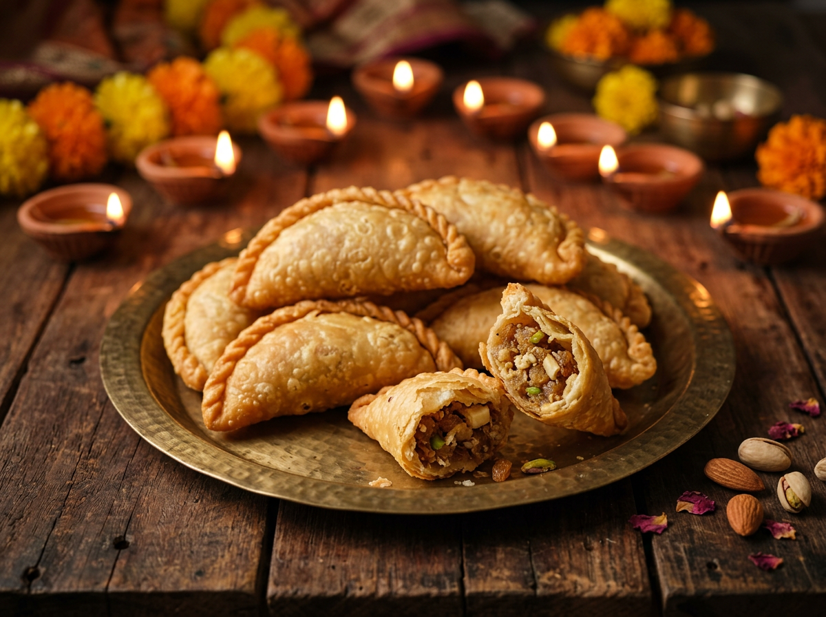Gujiya with one cut open to show the filling